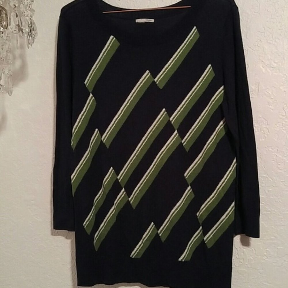 Halogen Abstract Navy Blue Green & White Cotton Sweater Dress SZ L